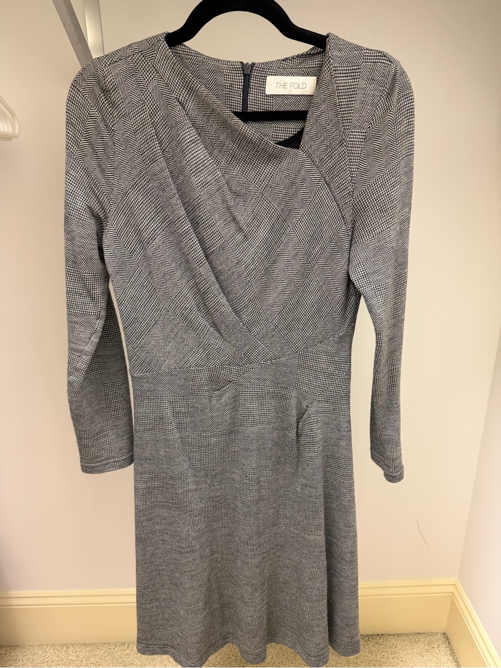 The Fold Gray Long-Sleeve Draped Fit-and-Flare Dress